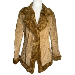 Vintage 90s Penny Lane Tan Suede Leather Faux Fur Jacket Quilted Lining Medium